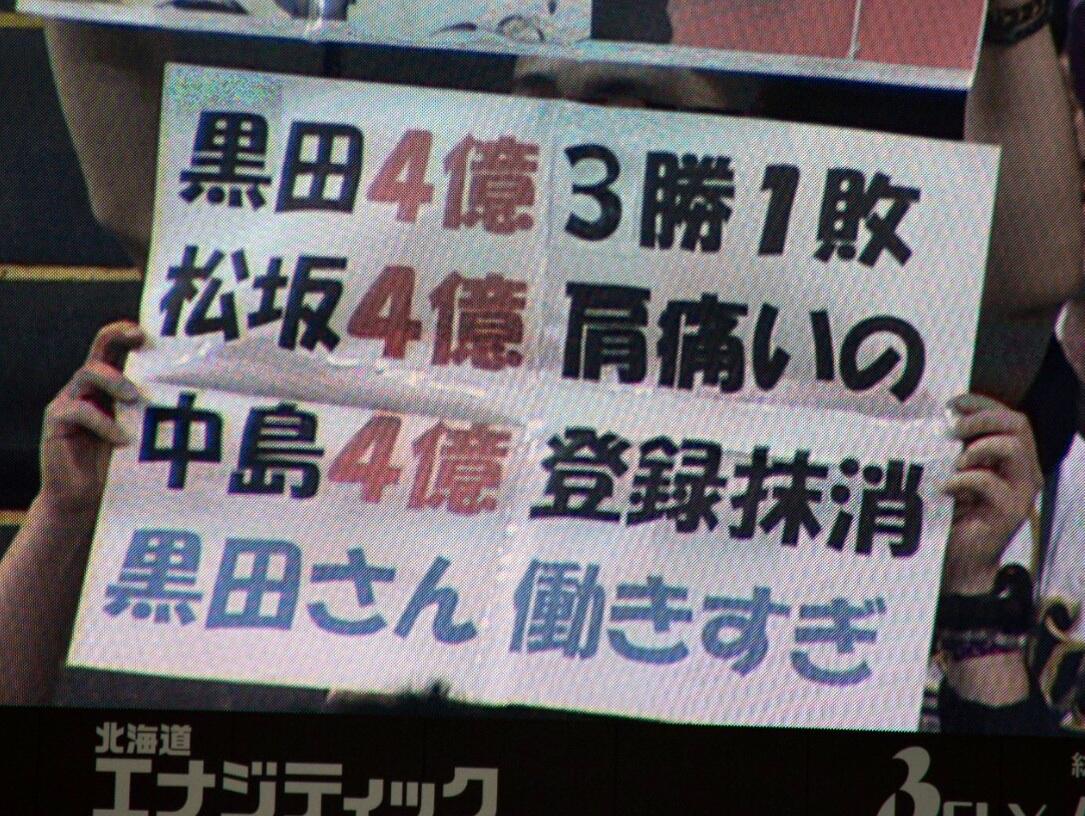 ブリス子 オリックス ラッキー7ボード その3 黒田4億 3勝1負 松坂4億 肩痛いの 中島4億 登録抹消 黒田さん働きすぎ Http T Co 8hjrz4nkz2