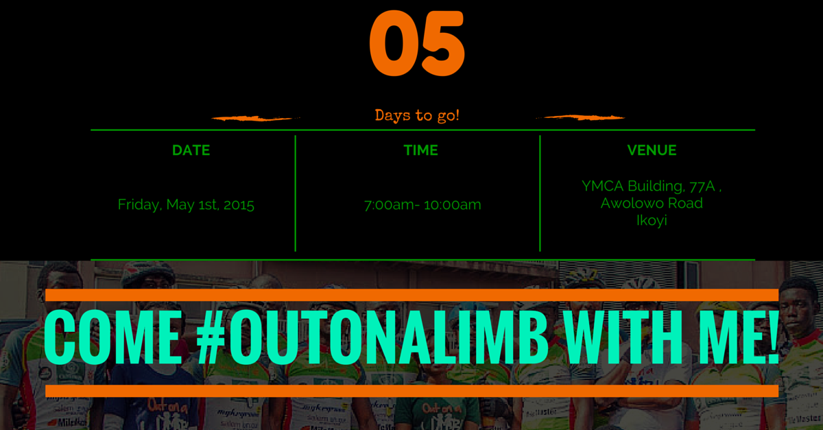 theirede's tweet photo. 5 days to go!
@akinShuga  is going #outonalimb with @theirede 
Join us to put smiles on the faces of child amputees http://t.co/Y7r2gL0MMk
