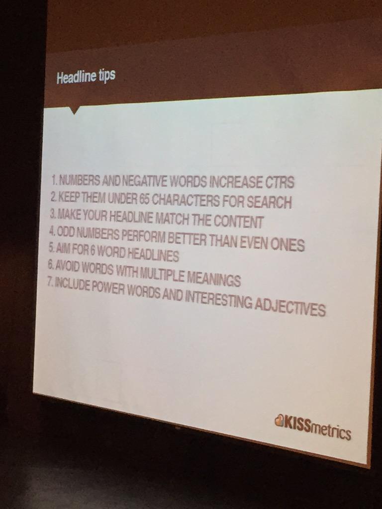 martamozes's tweet photo. #headline tips straight from @neilpatel at the #kissmetrics #contentmarketing #hackathon http://t.co/y5q95pET0y