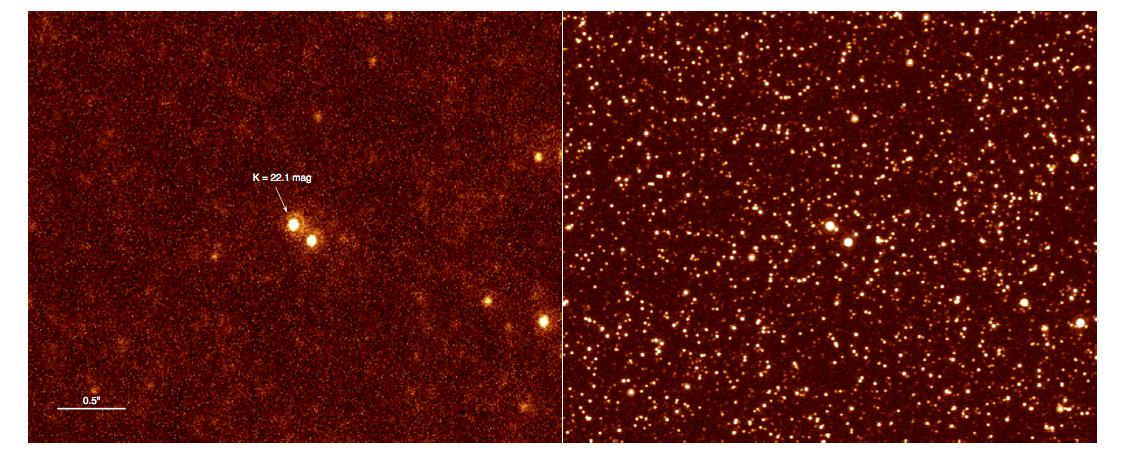 iris_tmt's tweet image. LEFT: Keck image of Virgo galaxy. RIGHT: IRIS in same field will see 1,000's of stars. #TMTscience #WeSupportTMT