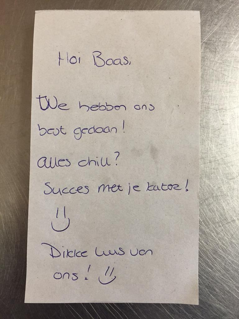 Avondje vrij gehad, vanochtend dit briefje, alles super schoon en netjes... TROTS op mijn team!