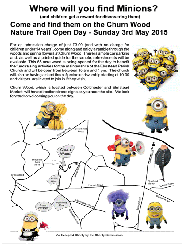 ElmsteadChurch's tweet photo. #RT Where will you find Minions?
Come and find them on the Churn Wood
Nature Trail Open Day
 https://t.co/dJ8Q9LvnkE http://t.co/FwxUa4Rola
