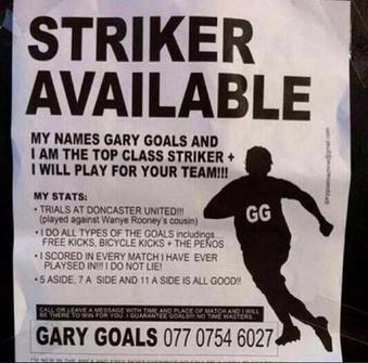 TNLdotcom's tweet photo. Need a striker? Just call Gary Goals... http://t.co/IEOjxP4ZHZ
