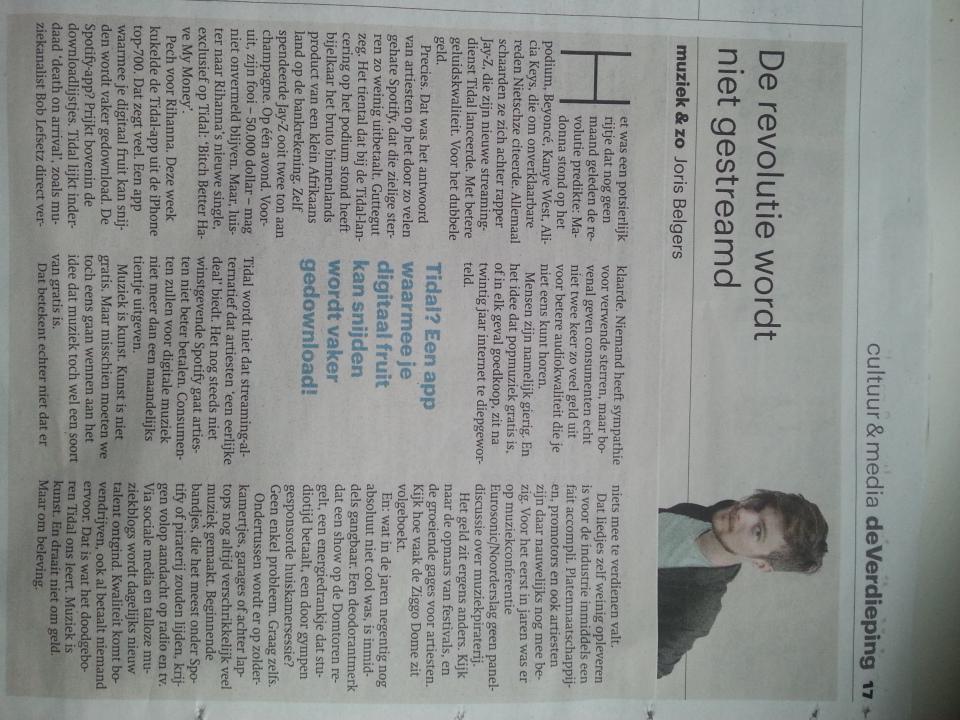 tomtroostwijk's tweet photo. "Muziek is kunst. En draait niet om geld. Maar om beleving." Uitstekende column @JorisWasHier in #Trouw nav #Tidal. http://t.co/ph2lylIu81