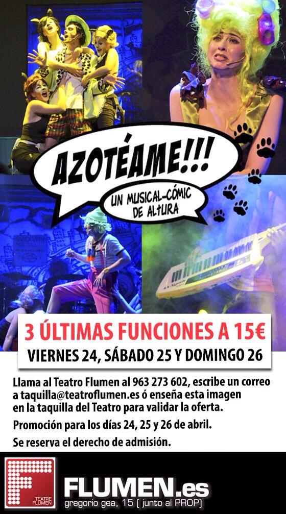 azoteame's tweet photo. Esta tarde a las 20:00 @teatroflumen última función en Valencia de Azotéame junto a @Hennetoficial @BelenRiquelmeAc http://t.co/Mo6Z6XwoUx