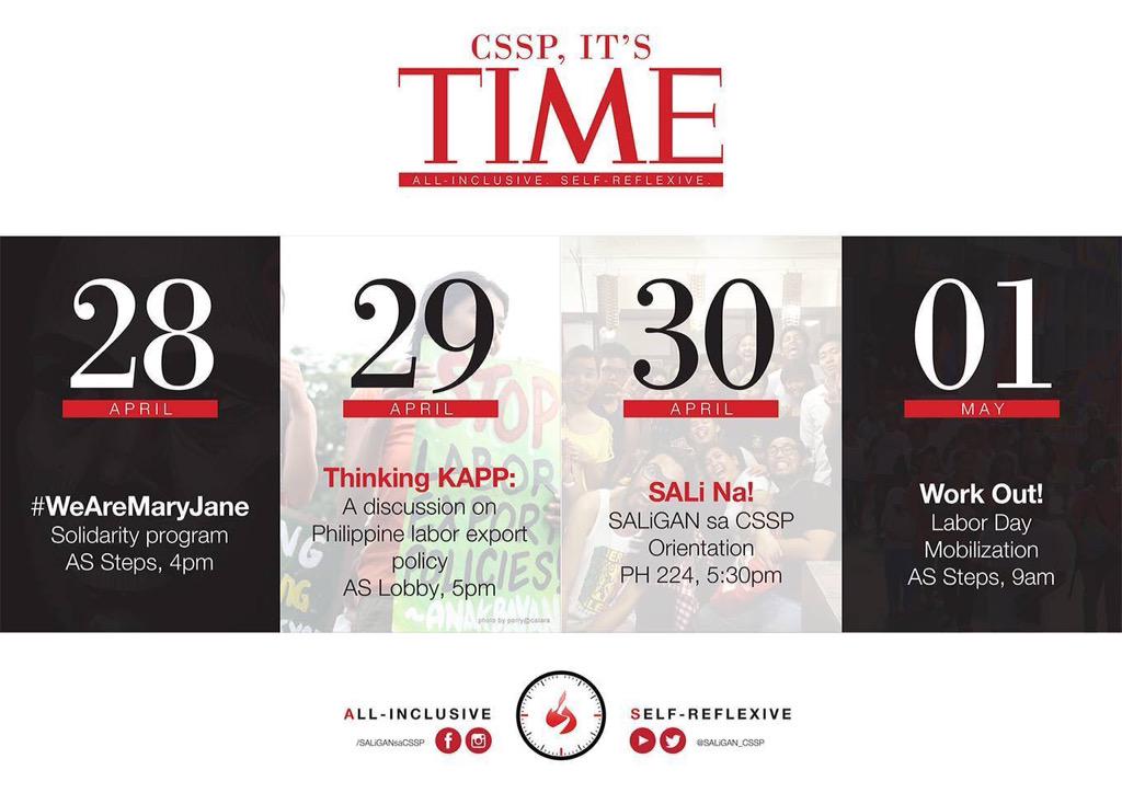 saligancssp's tweet photo. So what if elections are over? Here are this week's happenings! #LabanIsko #ItsTime http://t.co/mfpPT1PwG2