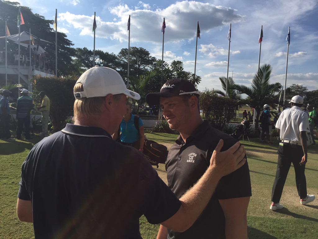 An exchange of congratulations between <a href="/RossMcGowan/">Ross McGowan</a> and <a href="/DanieVanTonder_/">Danie van Tonder</a> after the #MopaniRedpathZamOpen