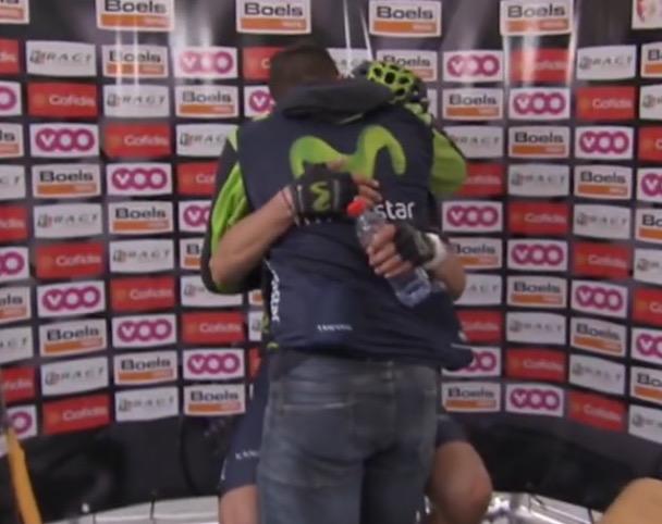 Movistar_Team's tweet photo. La celebración y agotamiento de un ciclista irrepetible, tras una victoria para el recuerdo. @alejanvalverde #LBL http://t.co/od8HHxGt9D