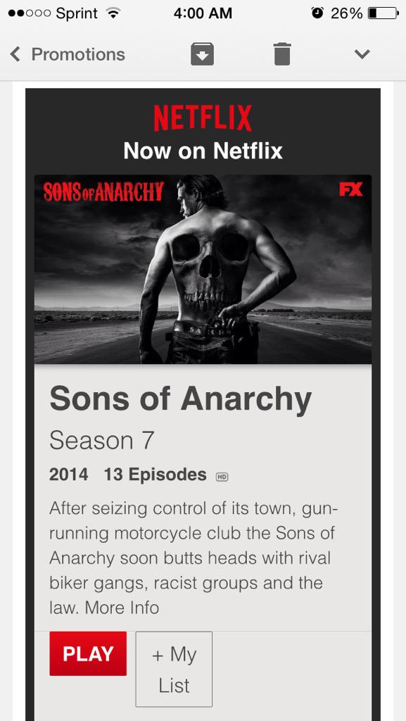 Clare_Ellen's tweet photo. @SonsofAnarchy is on Netflix now, don't expect to see me for the next 12 hours. #finalride #JaxTeller http://t.co/zJkQgDa8ZP