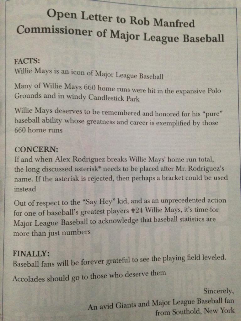 JimmyTraina's tweet photo. Some lunatic took out a full page ad in the Daily News to ask Rob Manfred to put an asterisk next to ARod's 660th HR http://t.co/nohY942lKH