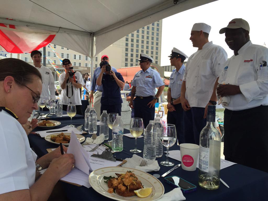 nolanavyweek's tweet photo. Chefs from @CafeReconcile and @uscoastguard present their dish to the judges at the #NOLANavyWeek Seafood Cook Off http://t.co/V4q5IGHvo3