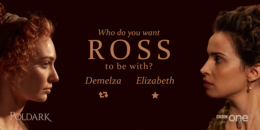 BBCOne's tweet image. Two ladies want Ross's heart, but who do you want him to be with?
RT for Demelza
Fav for Elizabeth #Poldark