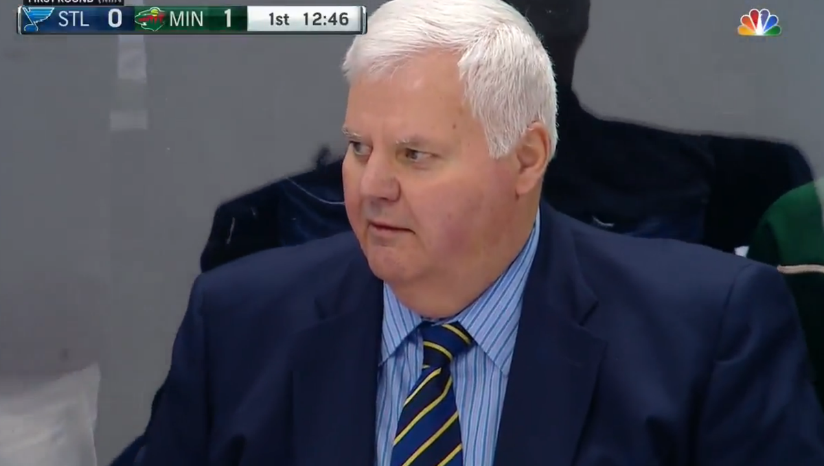 ChadGraff's tweet photo. Blues coach Ken Hitchcock after Zach Parise's shorthanded goal. http://t.co/9tZDRSrxzy