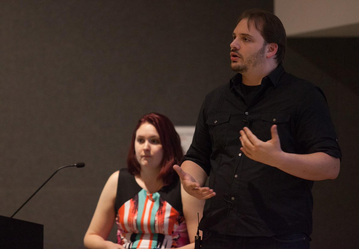 EPX_Studio's tweet photo. Ross Hersemann (@LoadingLaw) and Suzanne Jackiw (@ZedtheGamer) answering "Questions?*" about video game law #EPXCon15 http://t.co/QRKcuQukek
