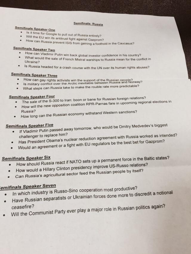 MobileMrBill's tweet photo. @Extemp #UkToC semis #Russia Finals tomorrow will have 3 minutes of cx. #ExtempLife #GoodLuck http://t.co/s3TH2AYfx6