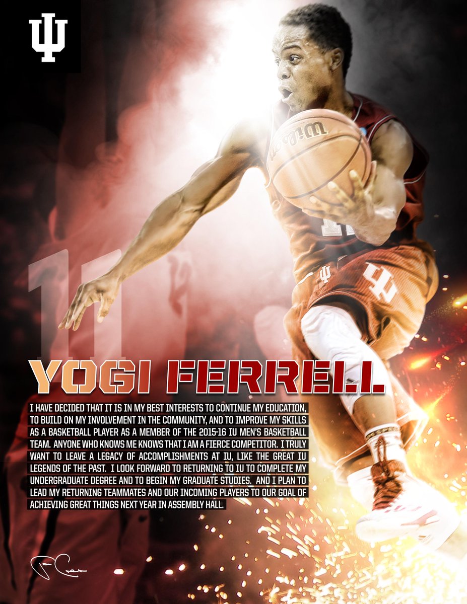 IndianaMBB's tweet photo. Yogi Ferrell will remain at Indiana for his senior year &amp; not enter the 2015 NBA Draft. #GoIU #IUBB http://t.co/4xhwDknXdg