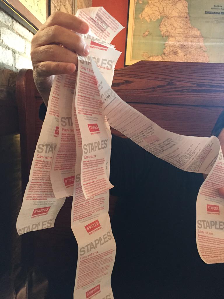 BigForkLilSpoon's tweet photo. My mom went to @Staples to buy some envelopes and came home with a ream of receipts #environmentalfail #PlantATree http://t.co/9jXEqDQ8UA