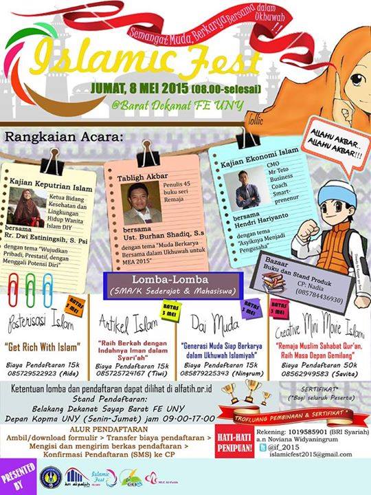 KitaBanyakAcara's tweet photo. Islamic Fest 2015 | 8 Mei'15 | FE UNY | Acara: Kajian, Tabligh Akbar, &amp; lomba bernuansa Islami | info @if_2015 http://t.co/T8P3KgFvFs