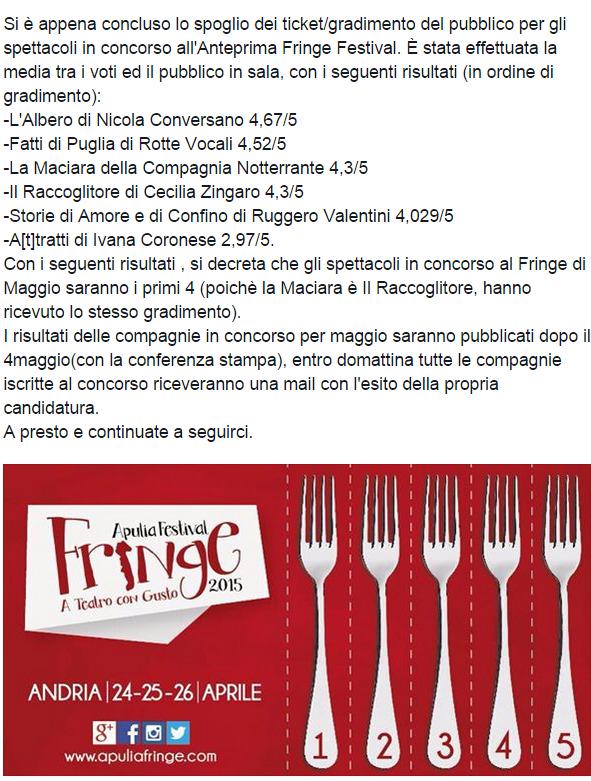 ApuliaFringe's tweet photo. Ecco gli spettacoli dell'anteprima che saranno in concorso al Fringe di Maggio. A presto! #apuliafringe http://t.co/W3baZDkjfF