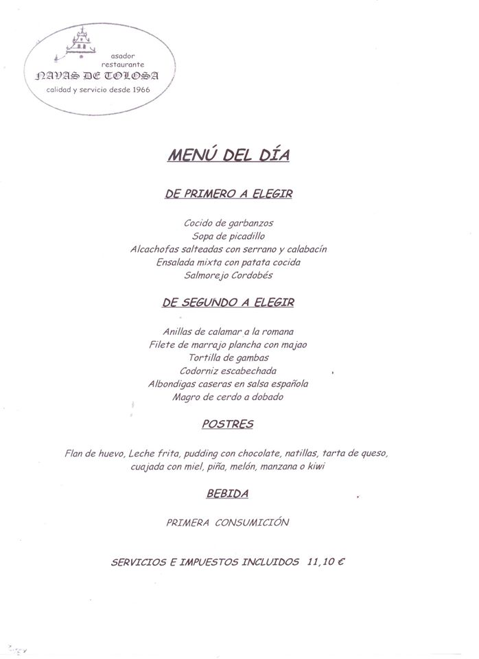 MENÚ "RESTAURANTE NAVAS DE TOLOSA" PARA HOY LUNES 27 ABRIL
