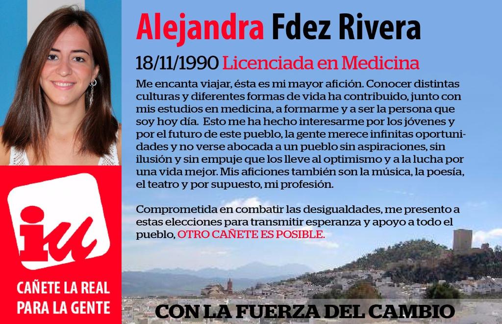 IUCanneteLaReal's tweet photo. ALEJANDRA FERNANDEZ RIVERA- N° 5 Por IZQUIERDA UNIDA CAÑETE LA REAL PARA LA GENTE. #SíSePuede #El5 http://t.co/eNAV5Ufq9H