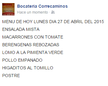 MENÚ "BOCATERÍA CORRECAMINOS" PARA HOY LUNES 27 ABRIL