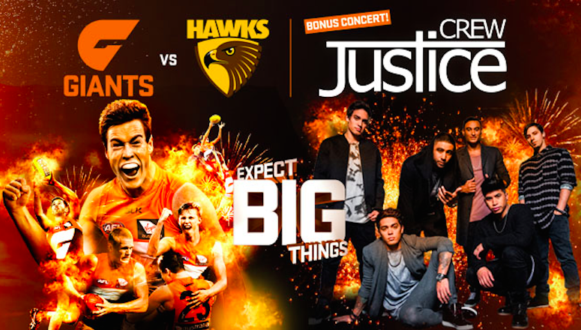 GWSGIANTS's tweet photo. Expect BIG Things when @JusticeCrew perform at our first home match at Spotless Stadium - http://t.co/t4jc1VorCB http://t.co/5tZ55Edvit