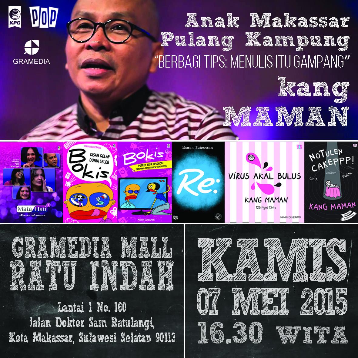 GramediaMaRI1's tweet photo. Ayo! GRATIS! “ @maman1965 berbagi tips menulis di @GramediaMaRI1 tgl 7/5, 16.30. Mark ur calender ya :) http://t.co/Q6a2P46RMu” @penerbitkpg