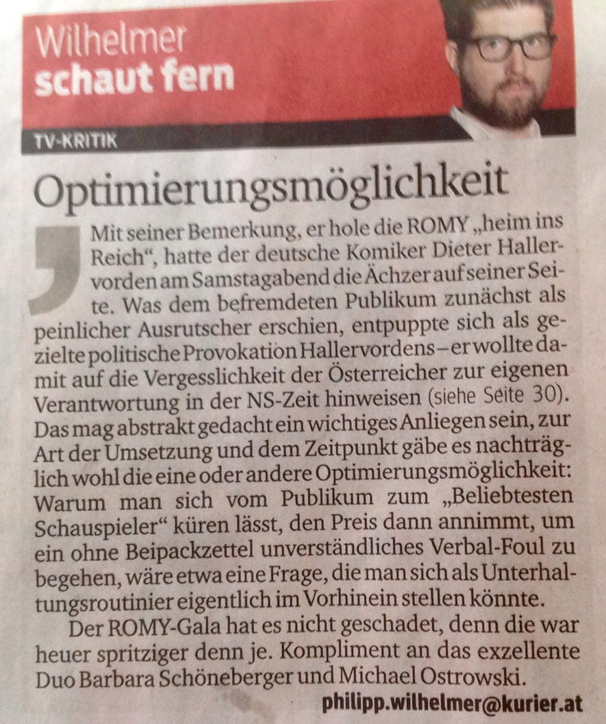 chmelar_dieter's tweet photo. Sachlichster und unaufgeregtester Kommentar zu #Romy15 und #Hallervorden - Dank an @pwilhelmer (heutiger KURIER) http://t.co/yudNFHwUkb