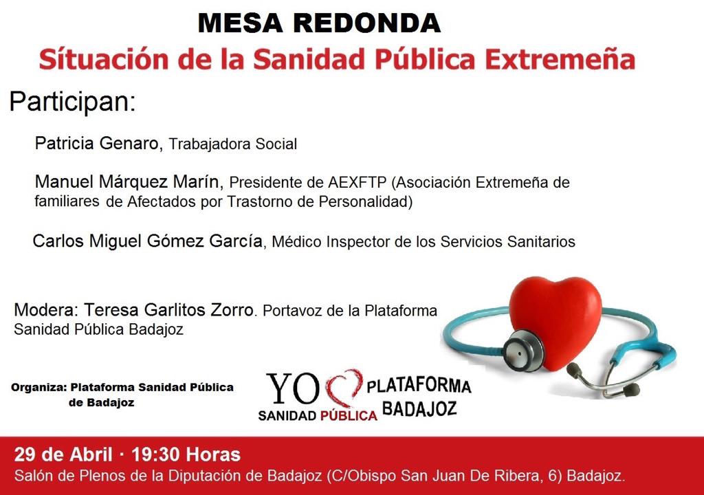 Situación de la Sanidad Pública Extremadura, Mesa Redonda <a href="/Carrascobis/">Maite Carrasco</a> @lolo_merino <a href="/apascualv/">Antonio Pascual</a> <a href="/AAlcantaraMoral/">Antonio Alcántara</a>