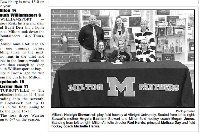 MiltonAreaFH's tweet photo. Congrats to both Haleigh Stewart and Hayleigh Alleman for signing with Albright to play in the fall! http://t.co/awYqQ3RoFF