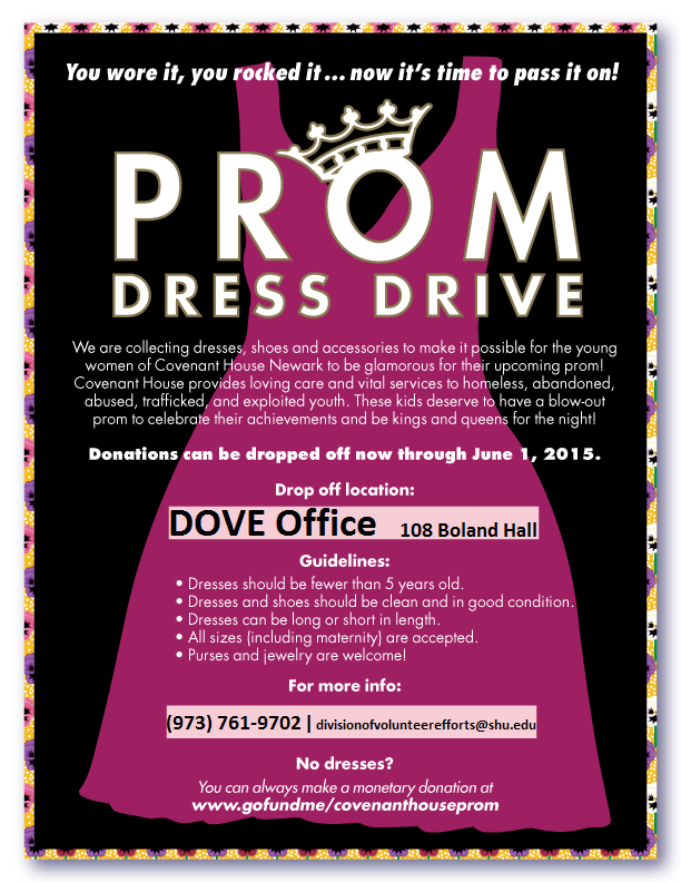 DOVE_SetonHall's tweet photo. PROM DRESS DRIVE!! Drop off dresses less than 5 years old &amp; in decent condition in the DOVE office (M-F, 9-5pm)!! http://t.co/2Y4fVmPKeL