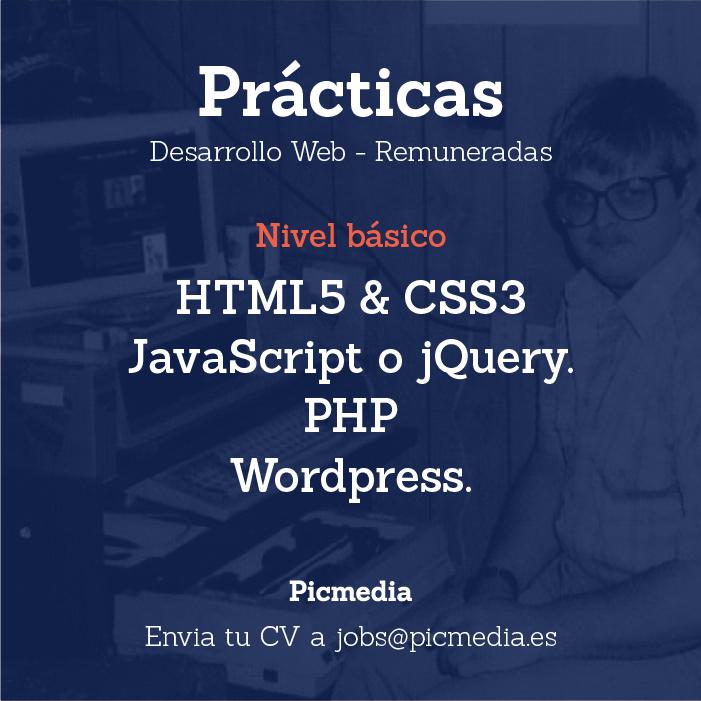 picmedia's tweet photo. Buscamos becario/a valiente para incorporarse al equipo de desarrollo web. Envía tu CV a jobs@picmedia.es #practicas http://t.co/Pjqd1VxDyv