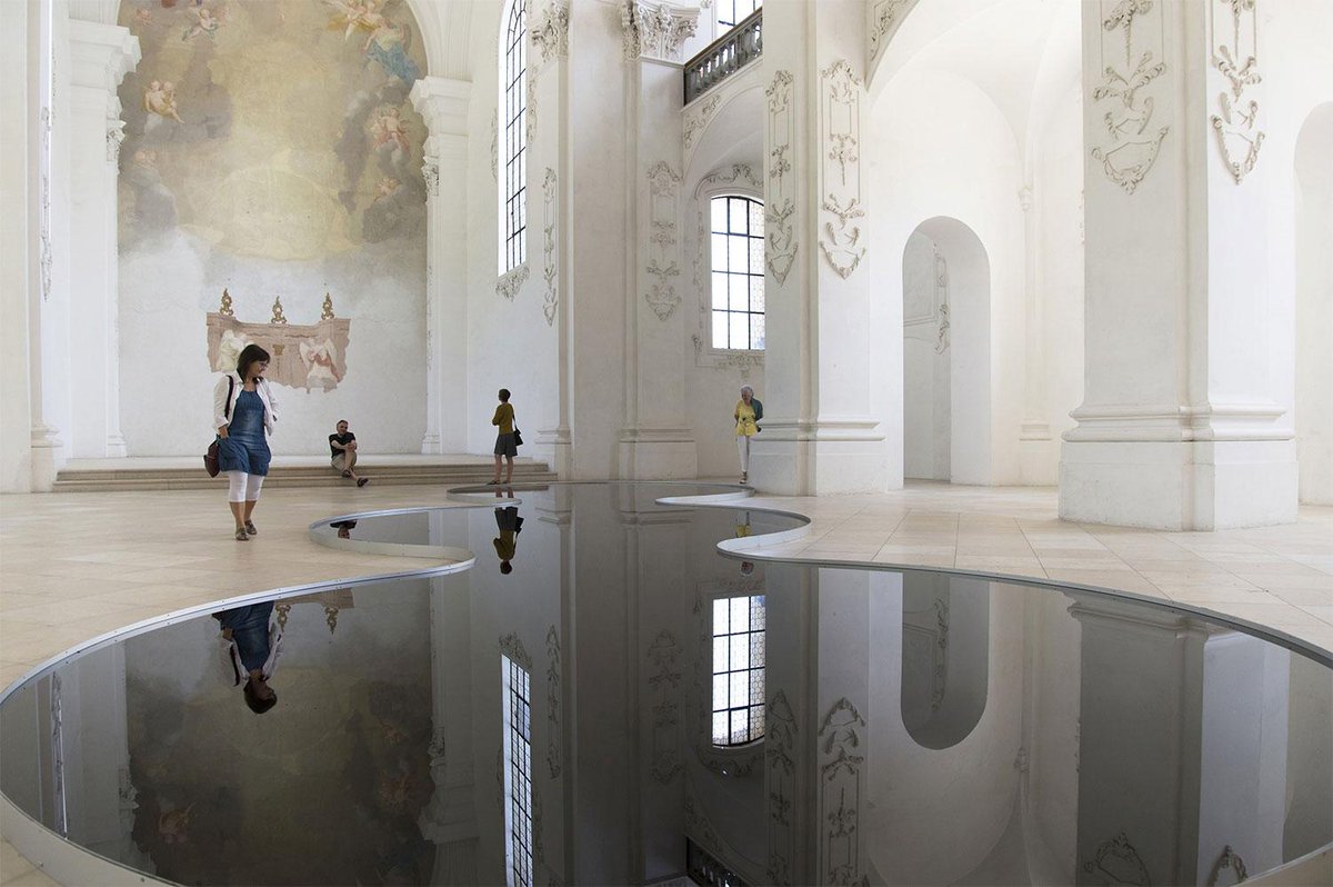 Start_Artist's tweet photo. Shaped like giant puddles, the sculptures reflect the architecture of the church... Romain Crelier #art #architecture http://t.co/fKaM8CeDDJ