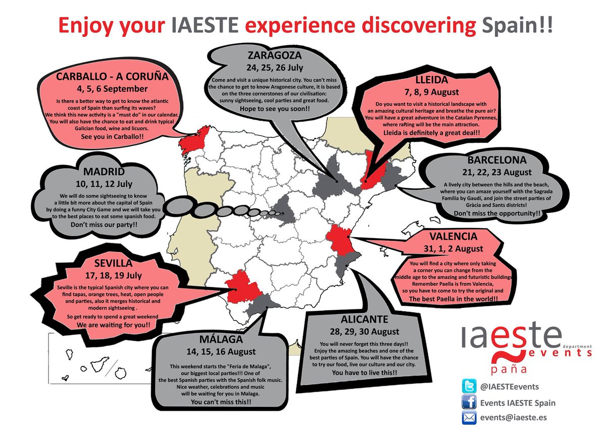 IAESTE_Elche's tweet photo. Fechas de los IAESTE Weekend en España. Especial ojo al que se realizará en Alicante a finales de agosto! http://t.co/8Y8JOIrS8K