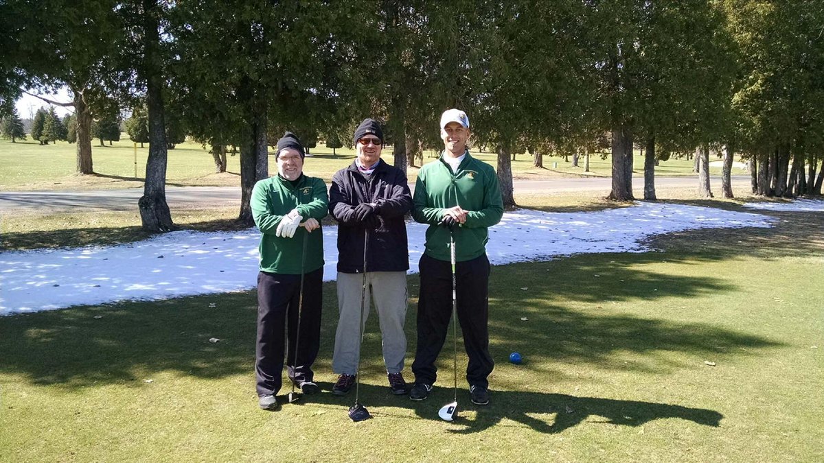 Golf season opener with Coach Wittenbach and Professor McEvoy.  Snow = casual water. #NMU <a href="/NorthernMichU/">Northern Michigan University</a>