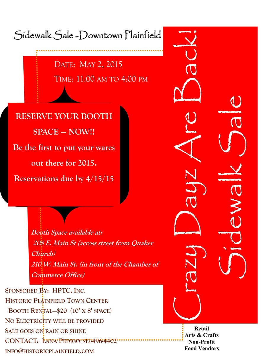 hendrickshome's tweet photo. Crazy Dayz Sidewalk Sale | Historic Plainfield Town Center - looking for Vendors - great opportunity - great prices! http://t.co/UDpffPLG22
