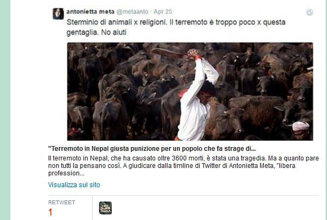Il tweet della vergogna di Antonietta Meta : " Il terremoto è troppo poco per questa gentaglia"