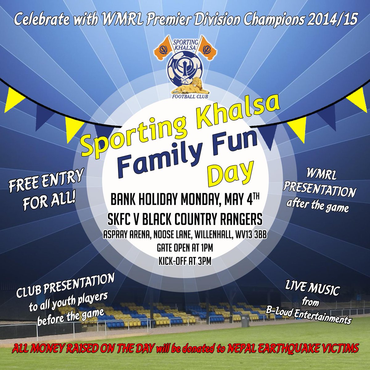 SportingKhalsa's tweet photo. This will be proceeded by the a Family Funday, youth sides presentation, music by @Team_BLoud . there will be... http://t.co/1n8jUZIDry