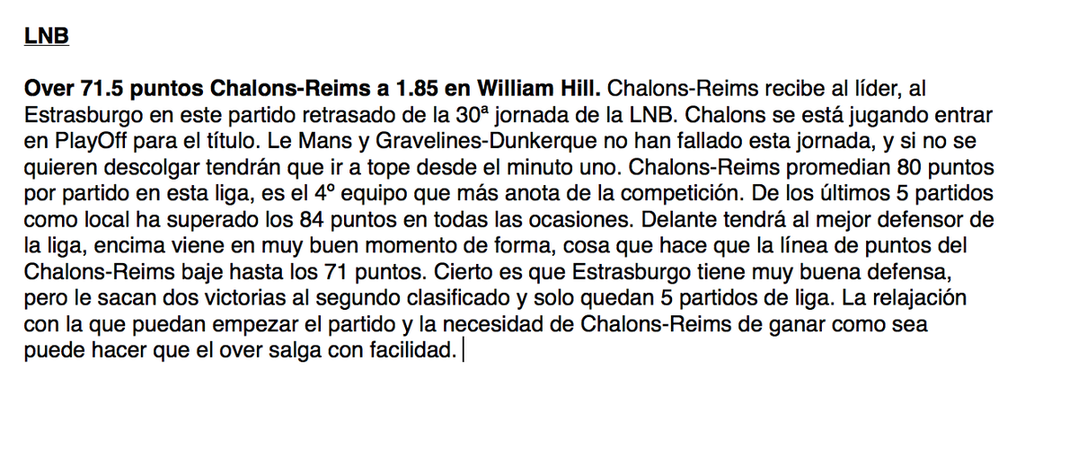 SpielerBet's tweet photo. Chalons-Reims over 71.5 puntos. Stake 2.5% Bankroll. Argumento: http://t.co/84E8lj67Rn