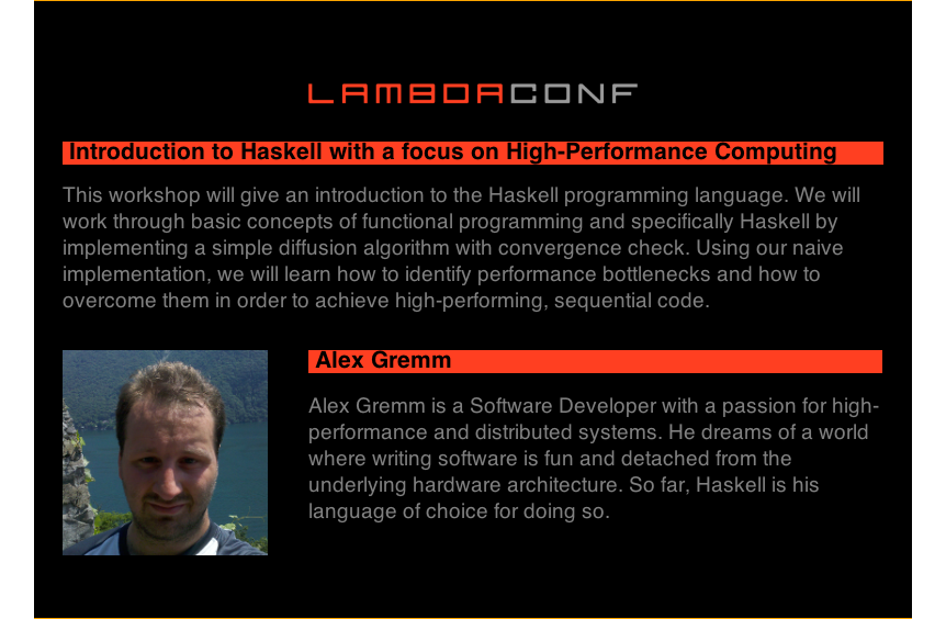lambda_conf's tweet photo. No more putting it off! Learn Haskell at LambdaConf from Alex Gremm, with a special focus on HPC! #7daysofλ http://t.co/MEF3JWdloY