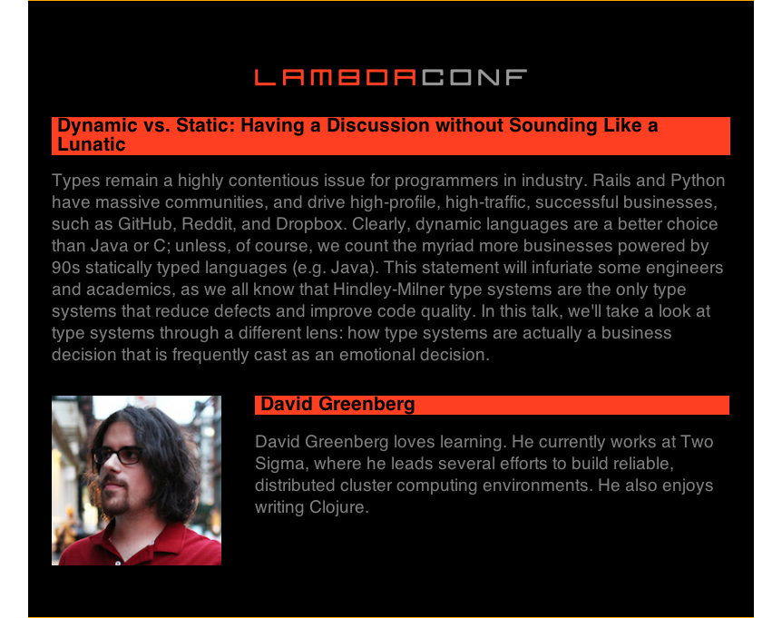 lambda_conf's tweet photo. Can you talk about static vs dynamic typing without sounding crazy? @dgrnbrg thinks so, &amp; you will too! #7daysofλ http://t.co/hmqO1Cnz2S