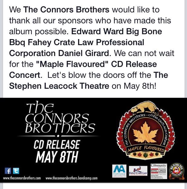 ConnorsBrothers's tweet photo. Many thanks to our wonderful sponsors!  #MapleFlavoured @KeswicksRealtor @Bigbonekeswick @FaheyCrateLaw @dan_girard http://t.co/zC6wkNmxr3