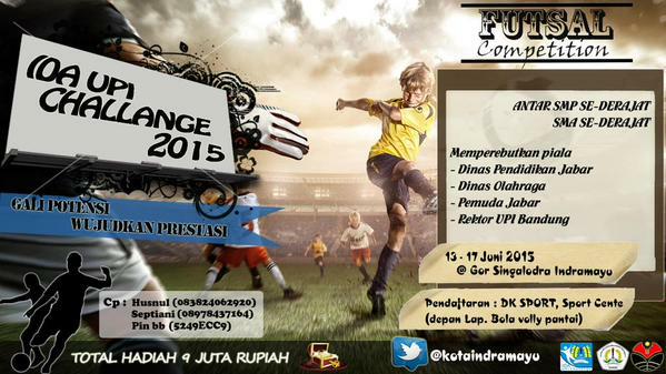 kotaIMY's tweet photo. Kompetisi futsal IDA UPI Challange 2015 utk pelajar SMP &amp; SMA 13-17 Juni 2015. Info  08978437164 https://t.co/mkaCqd3qTh
