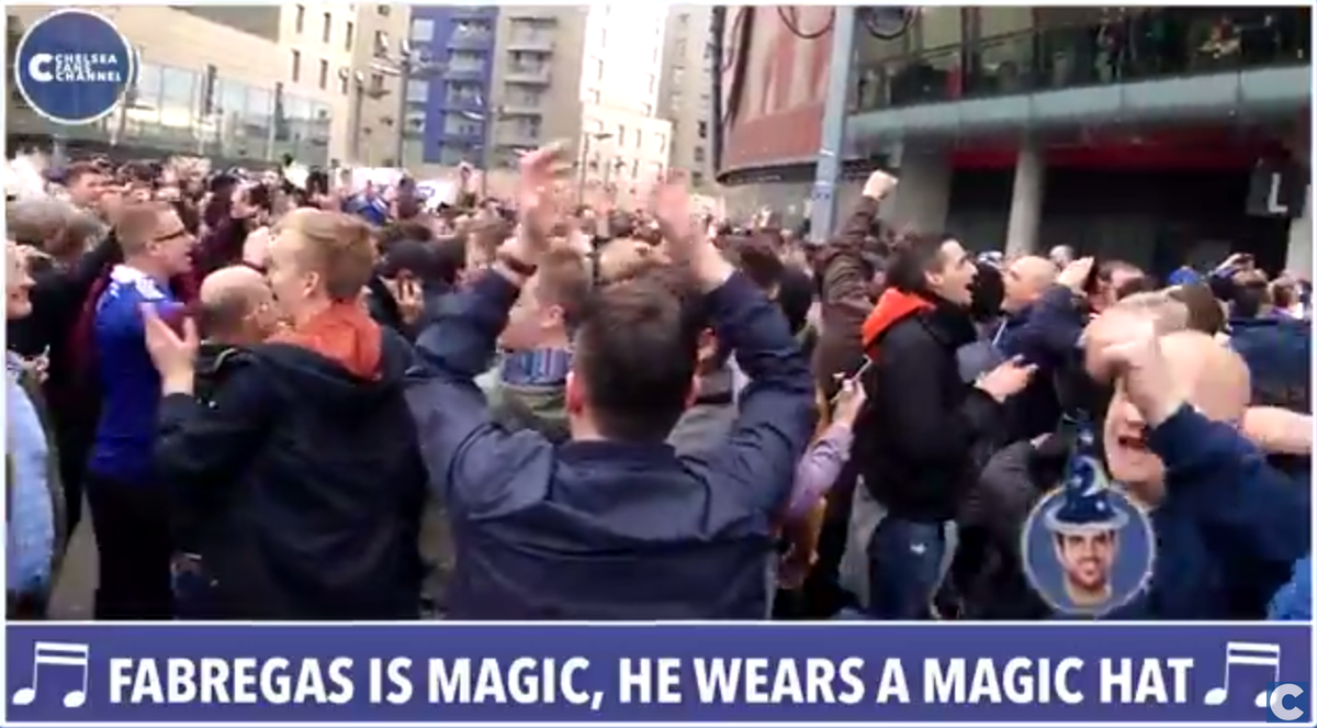 eatmygoaltv's tweet photo. Chelsea fans sing "Fabregas is Magic" song outside the Emirates 

WATCH>> http://t.co/8Go1jh25Sr http://t.co/4uxkzbj3jj