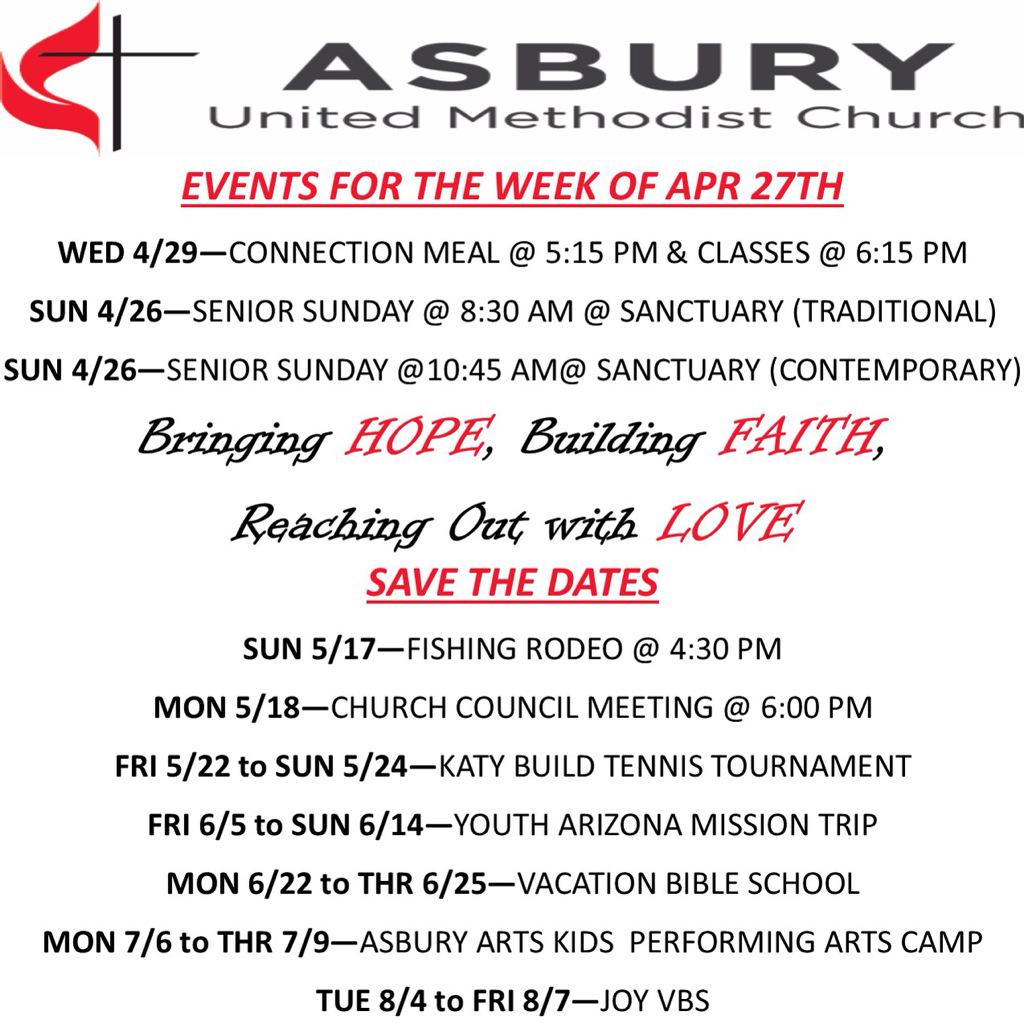 Hope to see you at Asbury this week for Connection and Senior Sunday in Worship! #faithhopelove