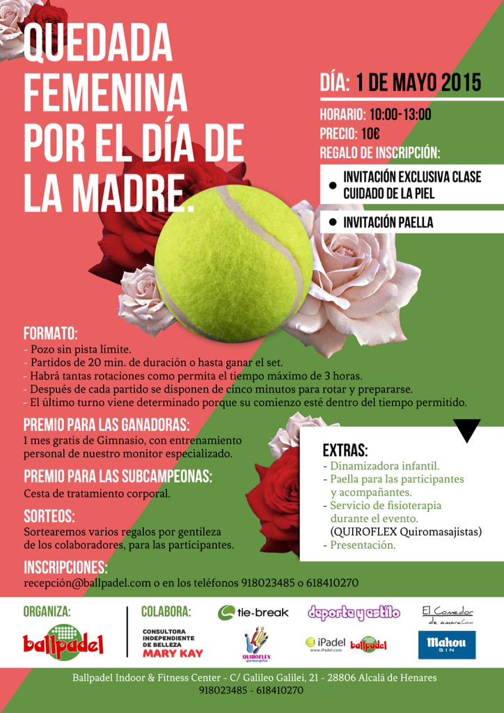 ballpadel's tweet photo. Viernes día 1 de mayo Día del Trabajo y de la "Madre ballpadel" Os esperamos a todas!!! @tiebreak_es @mahou_es http://t.co/GeRSbuxl33