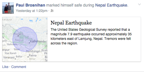 ConorTownley's tweet photo. My friend Paul utilized social (Facebook) to relay his safety during the horrific Nepal Earthquake #is6621 x #d http://t.co/vawjQWsFnp