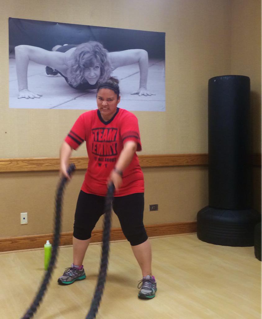 BL16Andrea's tweet photo. @BLResort Priceless! Took this of my BL16 sister @EmmyBL16 in Chicago with trainer Sue in her ear! #blresort #getfit http://t.co/3CVIuSpFmd