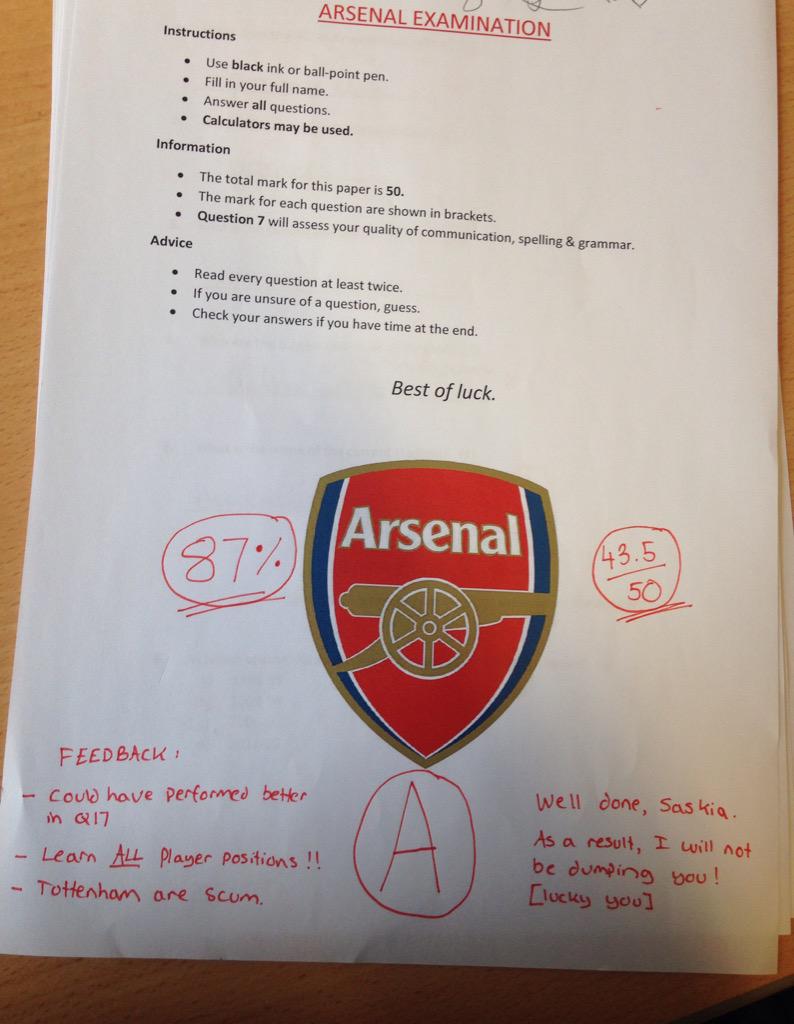 xsaskiaisabella's tweet image. boyfriend made me take an @Arsenal exam😂😭